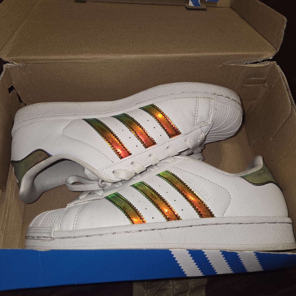 Adidas Kids White Sneakers with Iridescent Stripes
